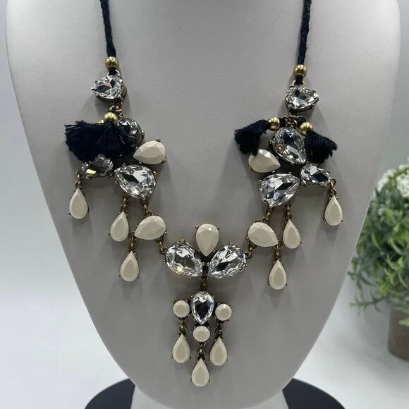 J. Crew Crystal Clear Milky White Gems Black Fringe Adjustable Tie Necklace - Picture 1 of 14